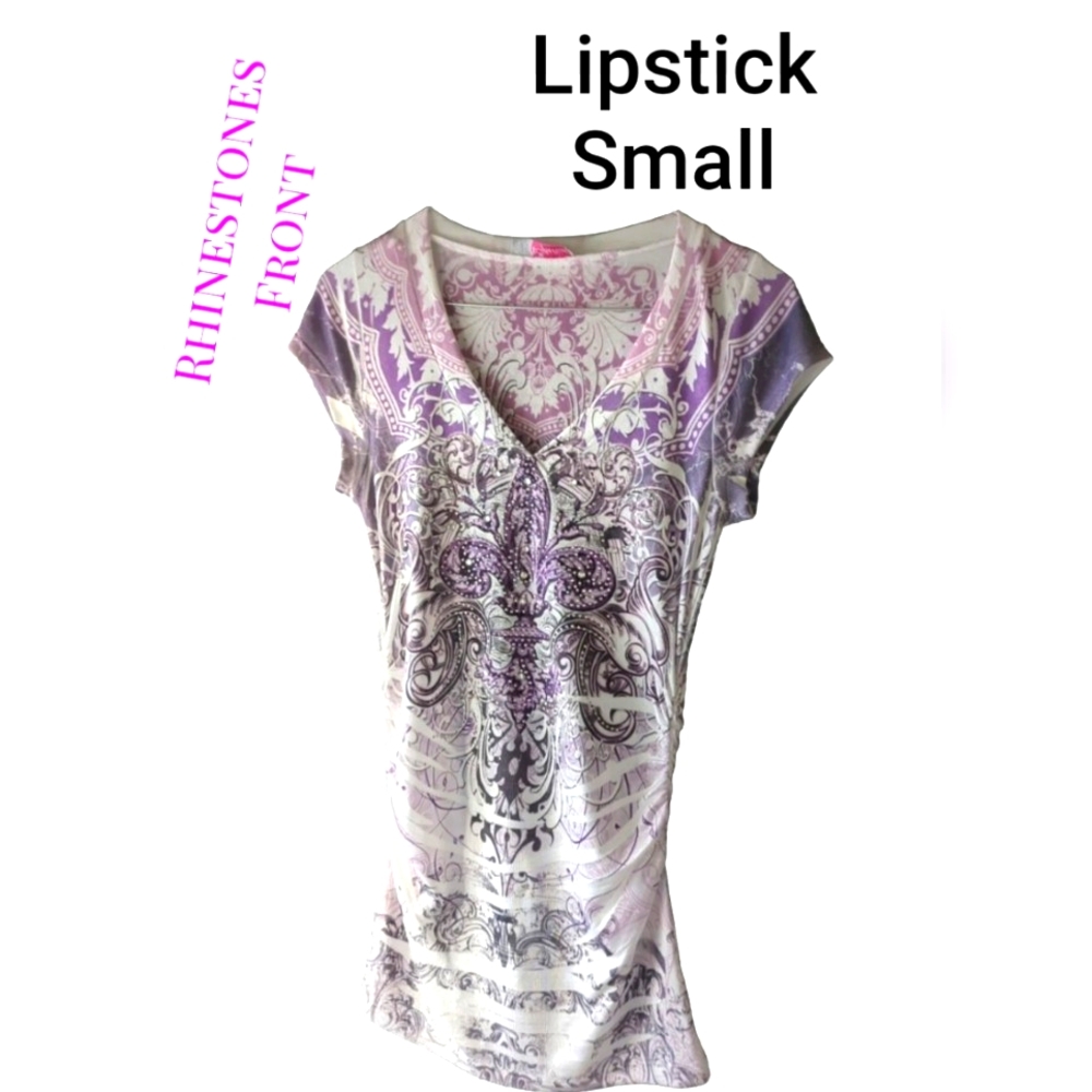 Womens V-Neck Blouse With Graphics & Rhinestones Slim Style Small